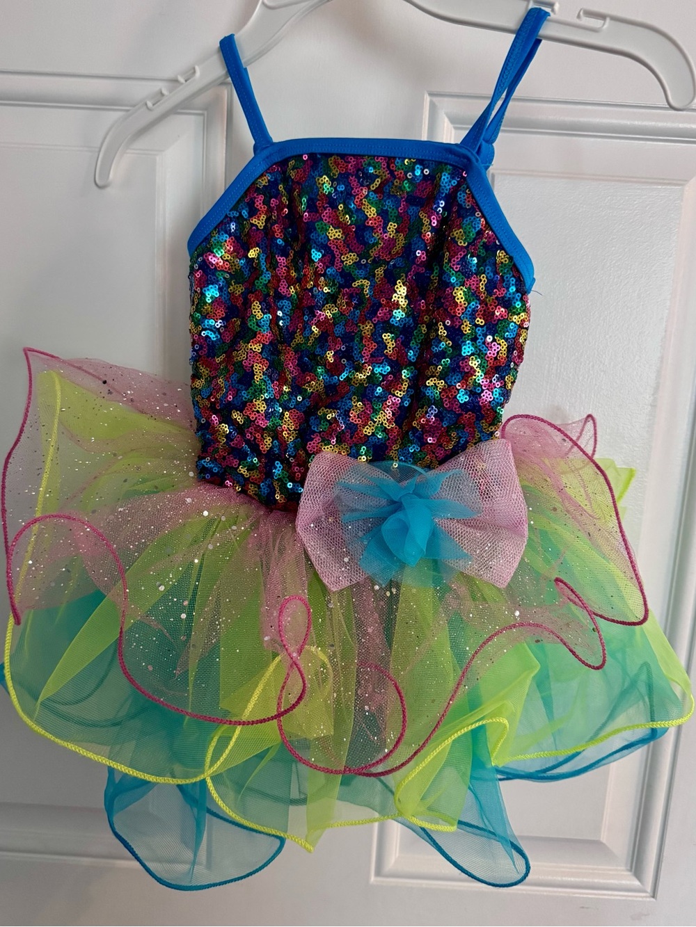 Kids Sequin Tutu Dance Costume in Blue and Multicolor. Recital/Dance Competition